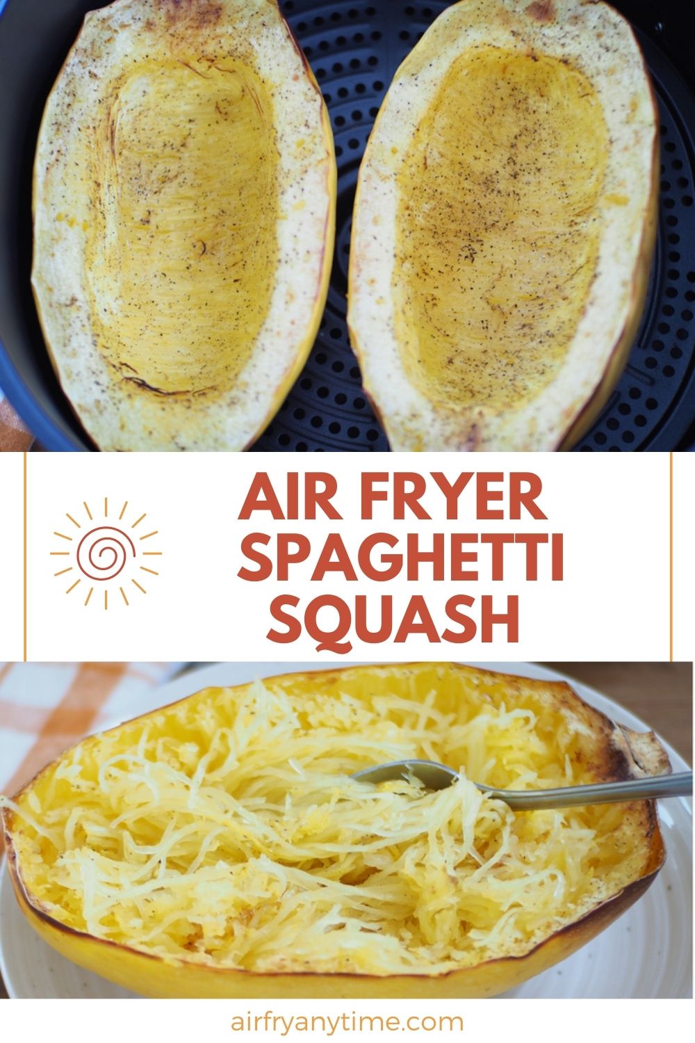 halved spaghetti squash in the air fryer basket and half of a squash shredded.