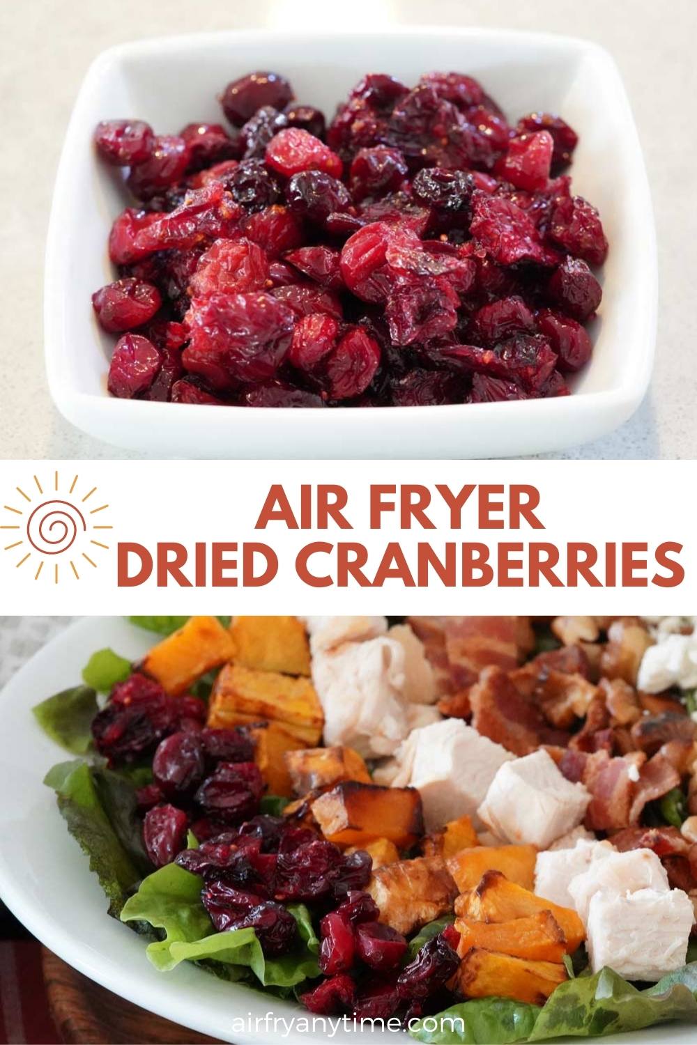 A bowl of dried cranberries, and dried cranberries in a fall harvest salad