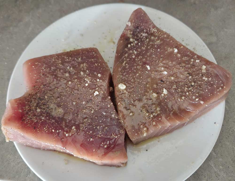 raw seasoned tuna steaks