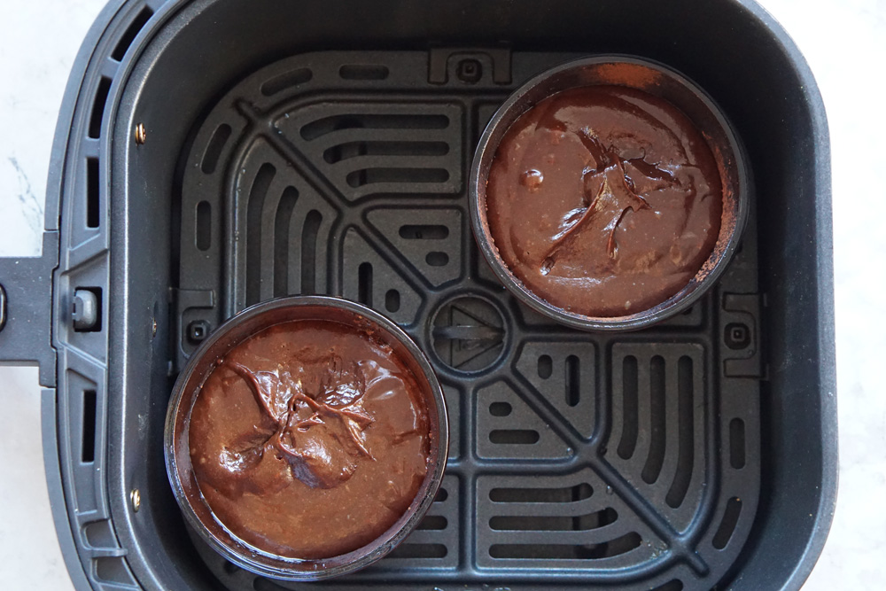 uncooked lava cakes in the air fryer basket