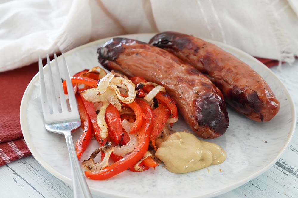 Air fryer chicken sausage with onions and peppers