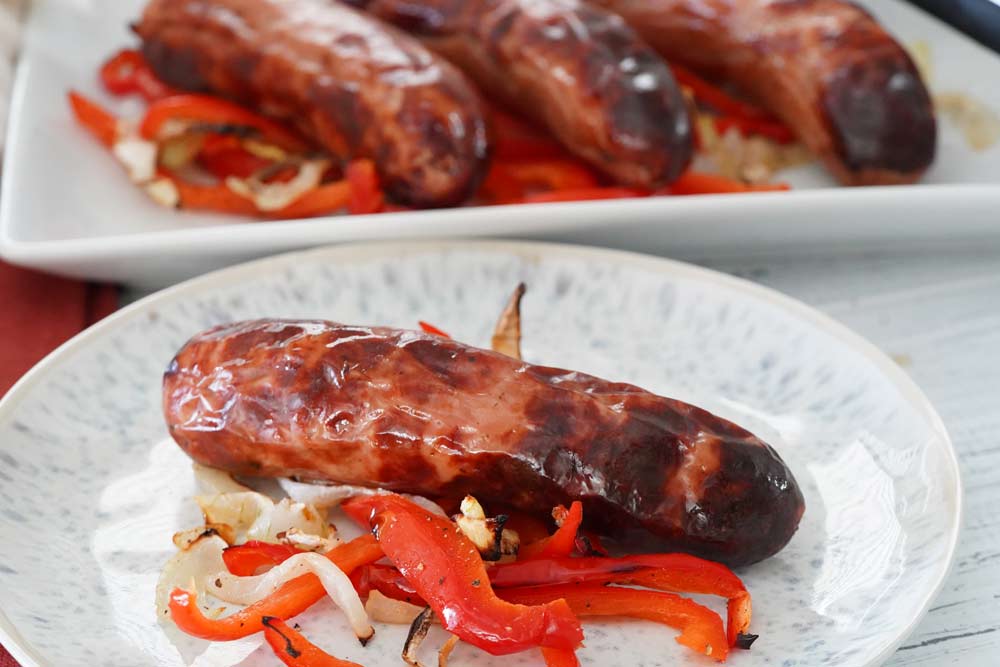 Air fryer chicken sausage with onions and peppers