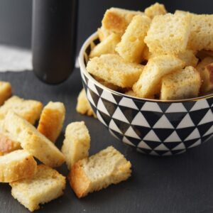 A bowl of croutons from the air fryer.